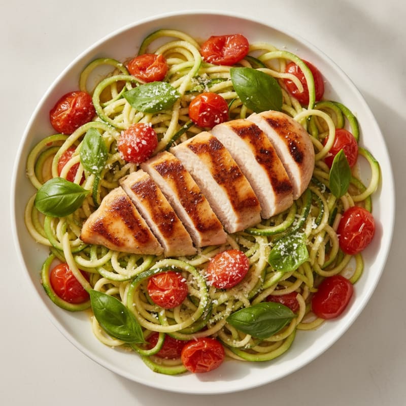 Grilled Chicken Breast with Tomato Basil Zucchini Noodles