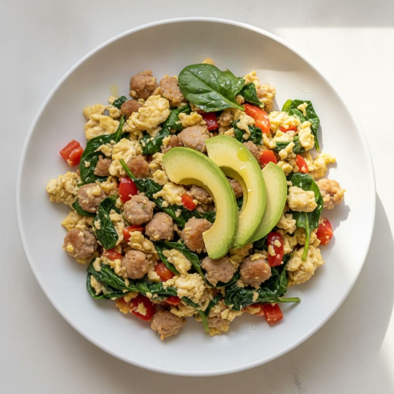 Egg White and Turkey Sausage Scramble with Spinach and Bell Peppers