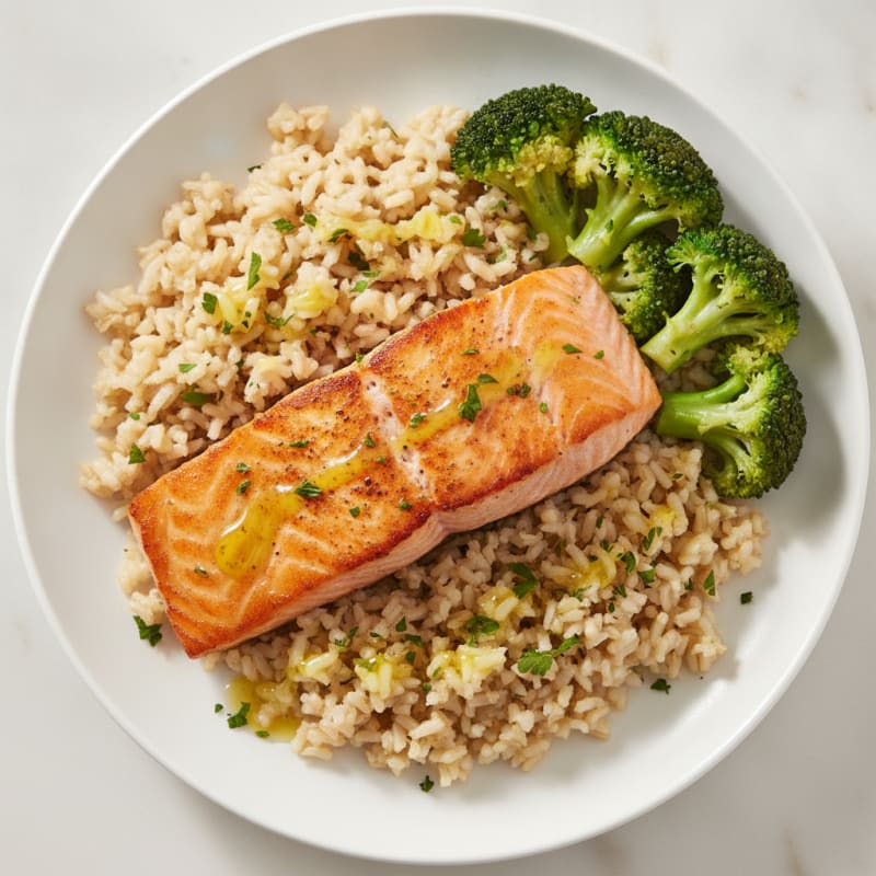 Seared Salmon with Herbed Brown Rice and Steamed Broccoli