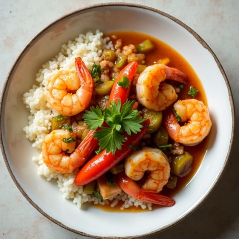 Spicy Shrimp and Chicken Gumbo with Cauliflower Rice