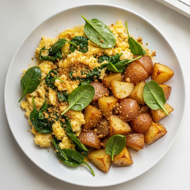Scrambled Eggs with Roasted Potatoes and Spinach
