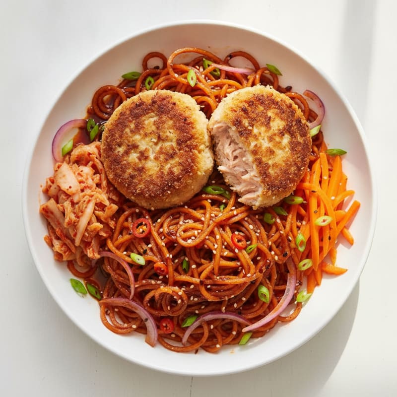 Teriyaki Salmon Patties with Sweet Potato Noodles