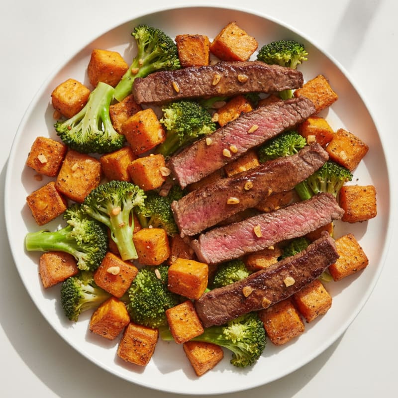 Seared Steak Strips with Roasted Sweet Potato and Steamed Broccoli