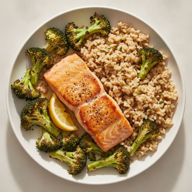 Pan-Seared Salmon with Crispy Broccoli and Garlic Brown Rice