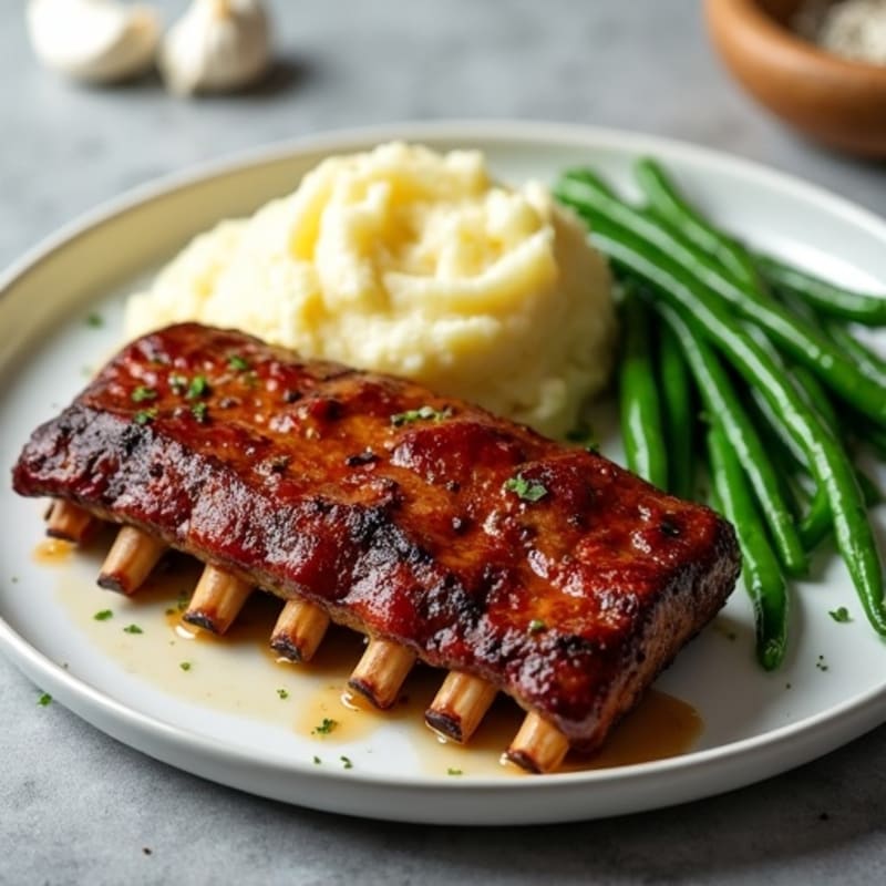 Oven-Baked Ribs with Garlic Mashed Potatoes and Steamed Green Beans
