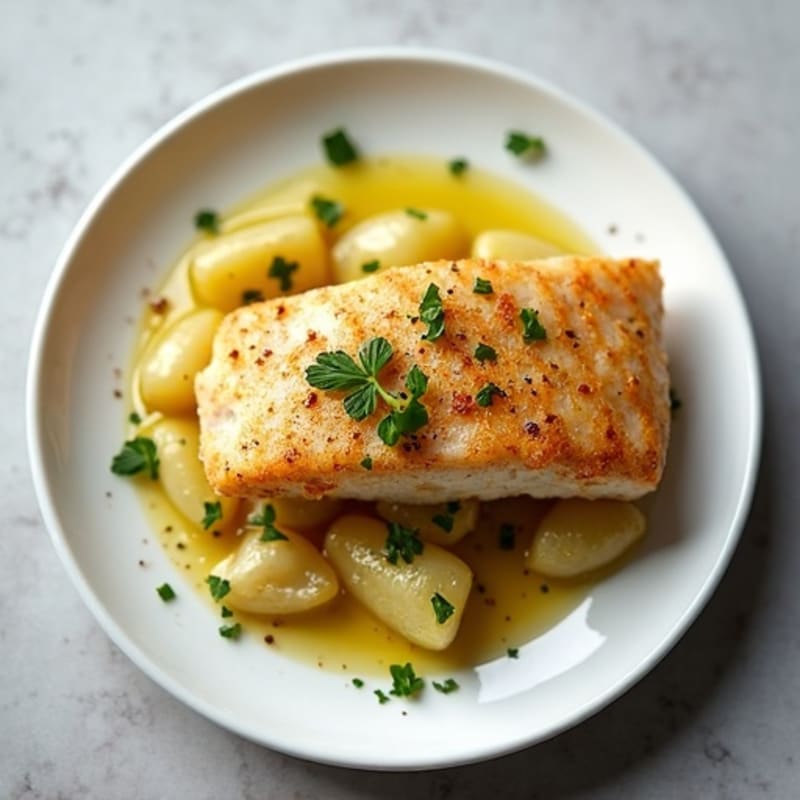 Crispy Pan-Seared Cod with Roasted Lemon-Garlic Kohlrabi