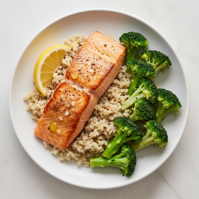 Seared Salmon with Steamed Broccoli and Quinoa
