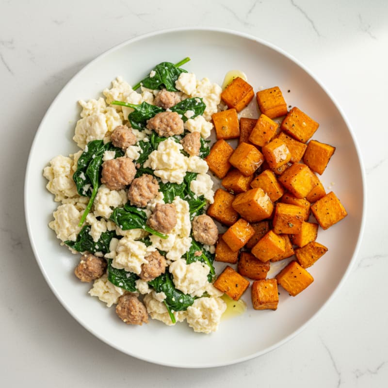 Egg White and Turkey Sausage Scramble with Spinach and Roasted Sweet Potato