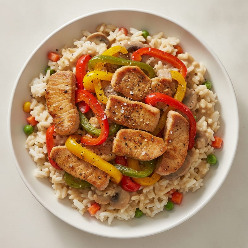 Savory Pork and Peppers with Creamy Mushroom Rice
