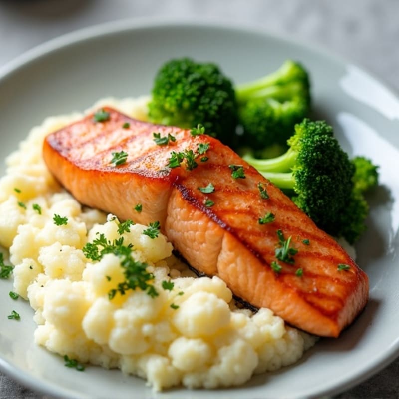 Seared Salmon Fillet with Steamed Broccoli and Cauliflower Mash