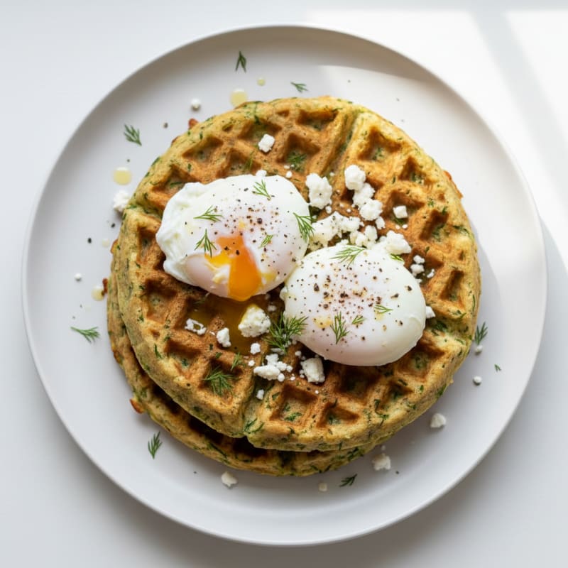 Crispy Zucchini Herb Waffles with Poached Egg