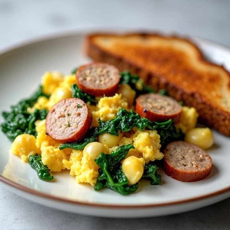 Egg White Scramble with Turkey Sausage and Sautéed Spinach