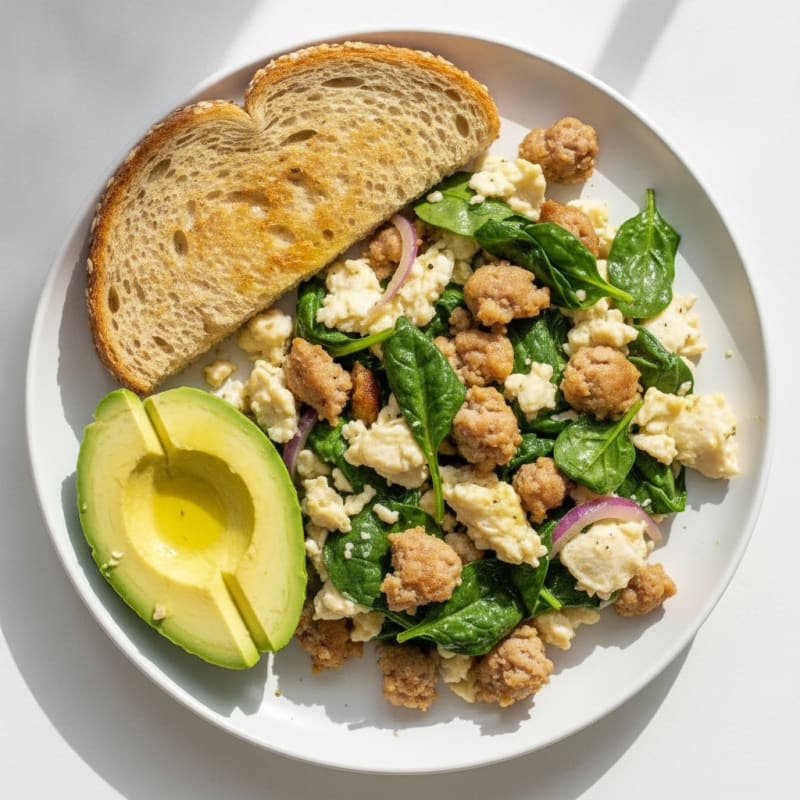 Egg White Spinach Scramble with Turkey Sausage