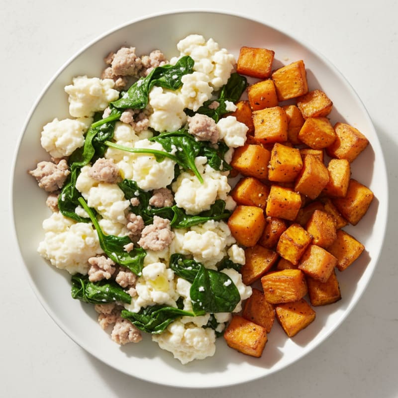 Egg White and Turkey Spinach Scramble with Roasted Sweet Potato