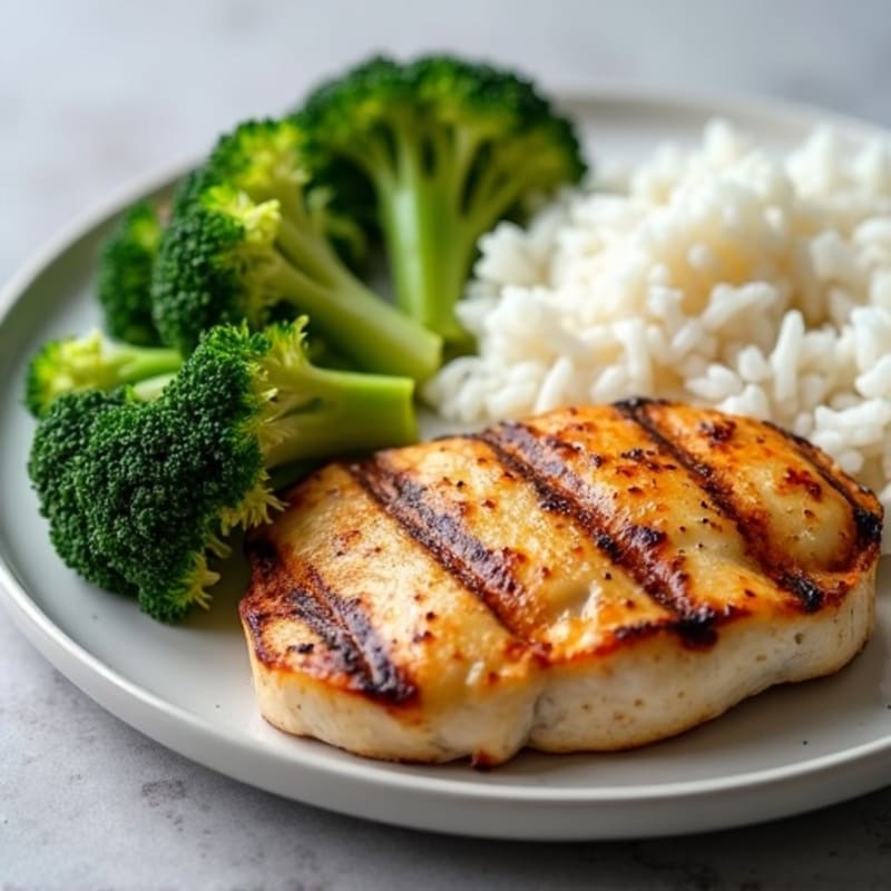 Grilled Chicken Breast with Steamed Broccoli and Rice