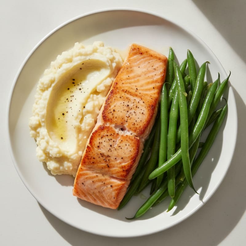 Seared Salmon Fillet with Steamed Green Beans and Mashed Cauliflower