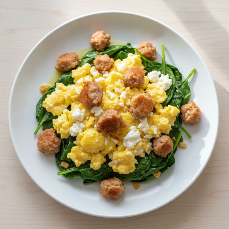 Cottage Cheese Scramble with Turkey Sausage and Sautéed Spinach