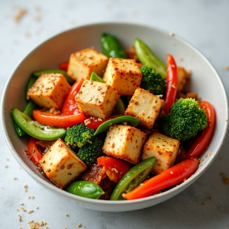 Crispy Sesame Tofu with Colorful Vegetable Stir-Fry
