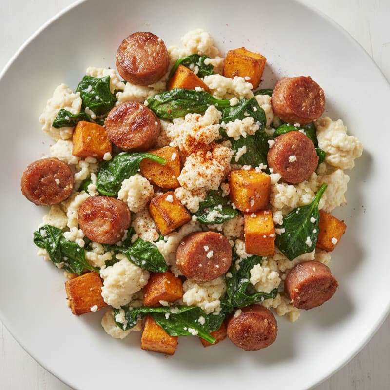 Egg White and Turkey Sausage Scramble with Spinach and Sweet Potato