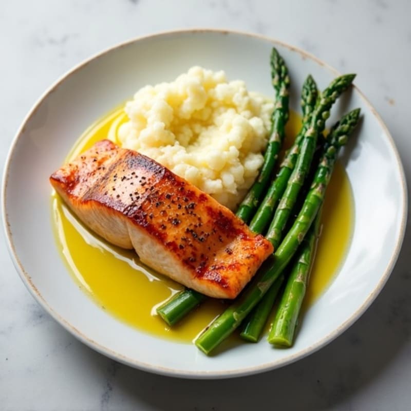 Seared Salmon with Steamed Asparagus and Cauliflower Mash