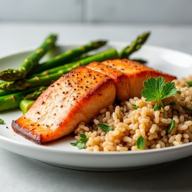 Seared Salmon with Steamed Asparagus and Brown Rice