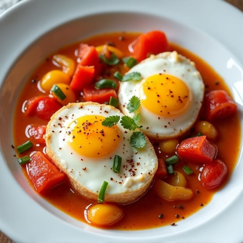 Spicy Tomato-Poached Eggs with Bell Peppers