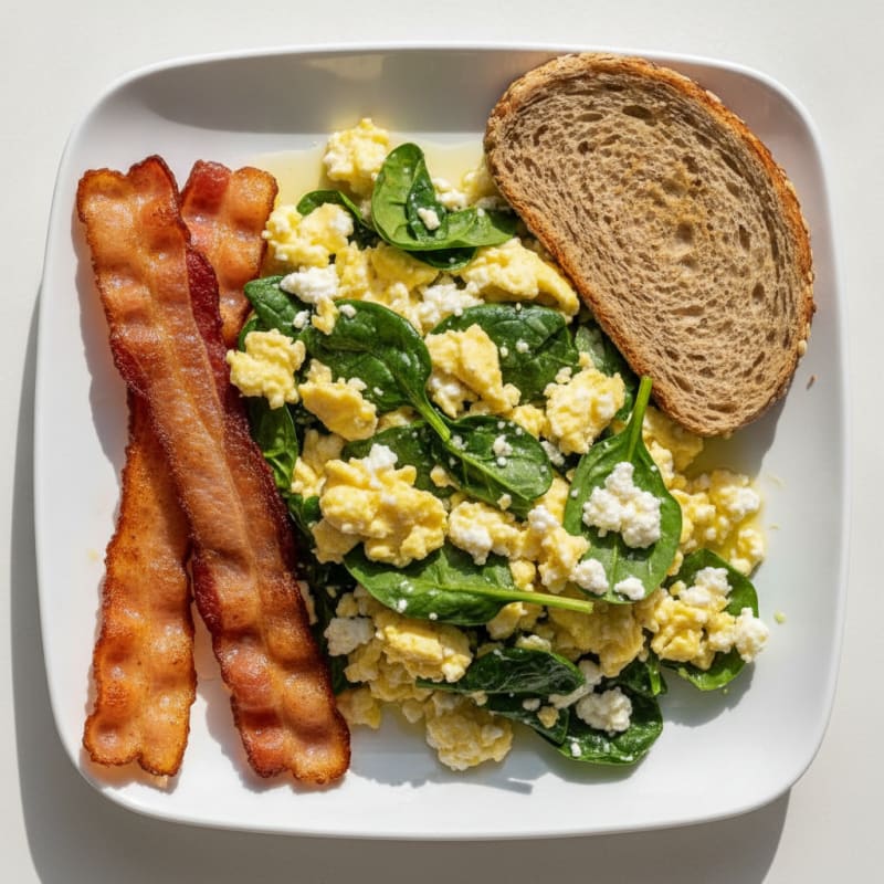 Cottage Cheese Egg Scramble with Spinach and Turkey Bacon