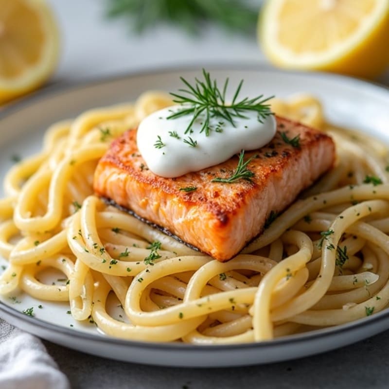 Flaky Roasted Salmon with Creamy Lemon Herb Pasta