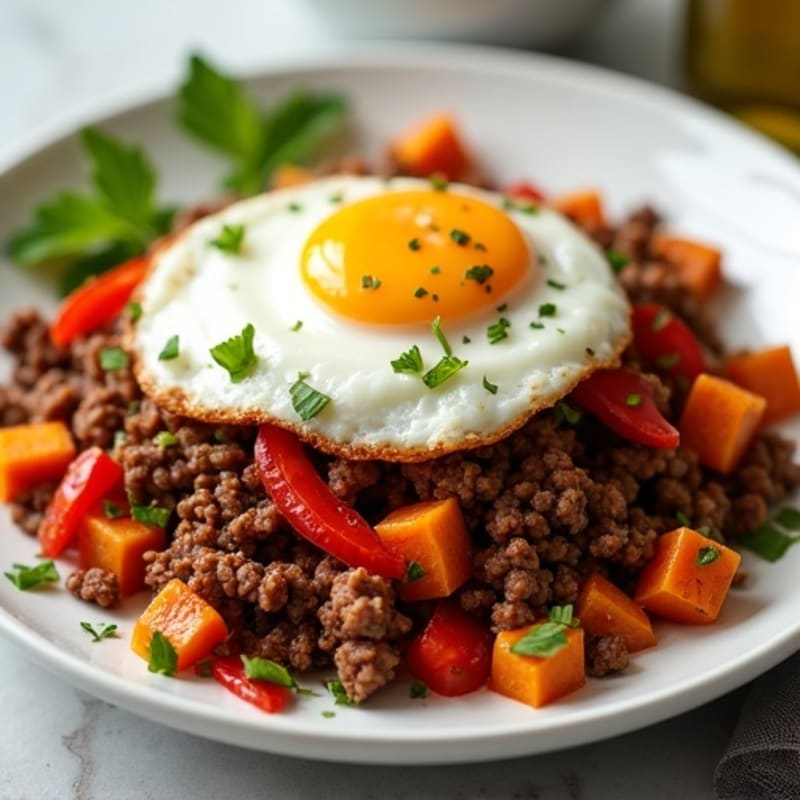 Crispy Ground Beef and Roasted Sweet Potato Hash