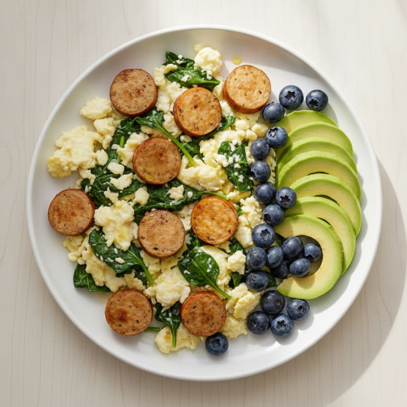 Egg White Scramble with Chicken Sausage and Sautéed Spinach