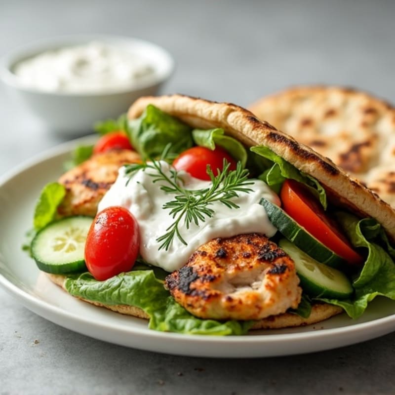 Grilled Chicken Pita with Fresh Vegetables and Creamy Tzatziki