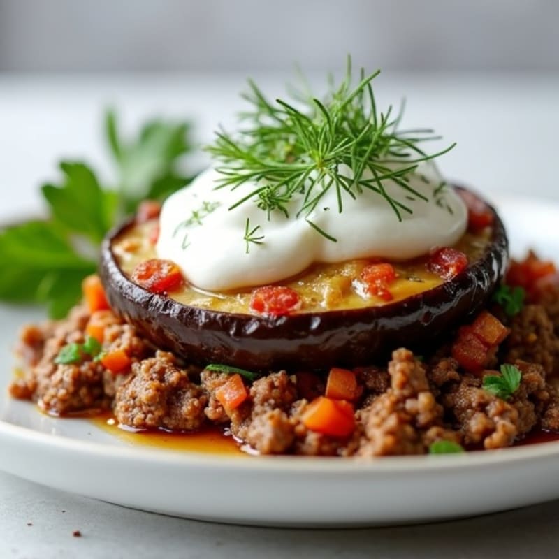 Hearty Baked Eggplant and Lean Ground Beef with Creamy Herb Topping