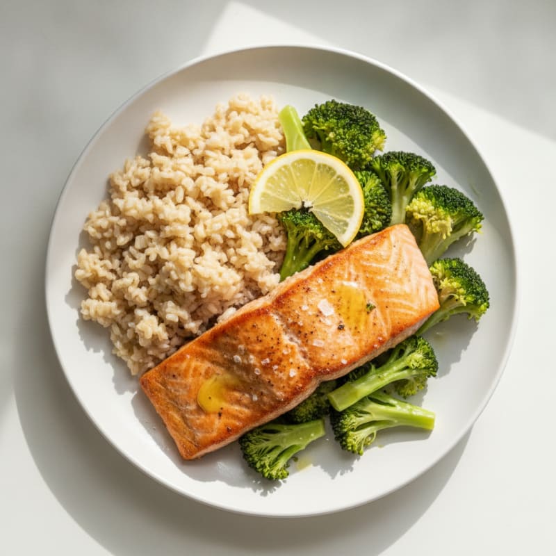 Seared Salmon with Steamed Broccoli and Brown Rice