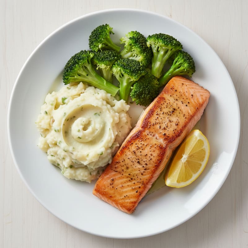 Seared Salmon with Steamed Broccoli and Garlic Mashed Potatoes