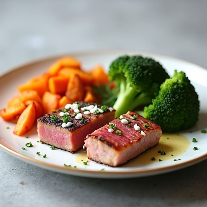 Seared Tuna Steak with Roasted Sweet Potatoes and Steamed Broccoli