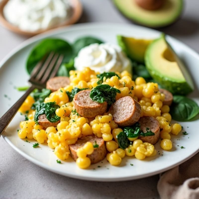Egg White and Turkey Sausage Scramble with Cottage Cheese and Spinach