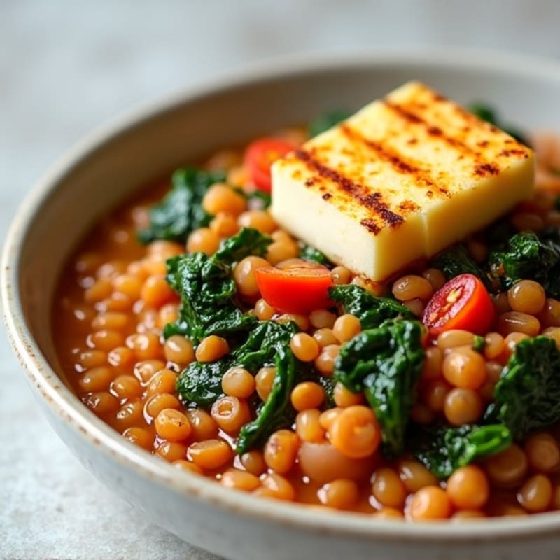 Creamy Lentil and Spinach Stew with Grilled Halloumi