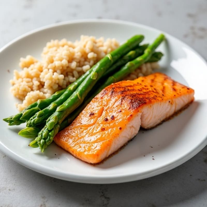 Seared Salmon with Steamed Asparagus and Brown Rice Enhanced with Egg White