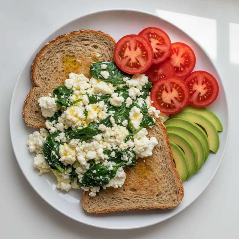 Egg White Spinach Scramble with Cottage Cheese and Sliced Tomatoes