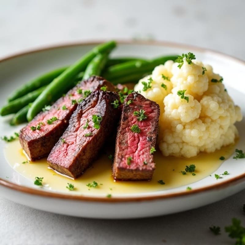 Seared Lean Beef Strips with Steamed Green Beans and Mashed Cauliflower