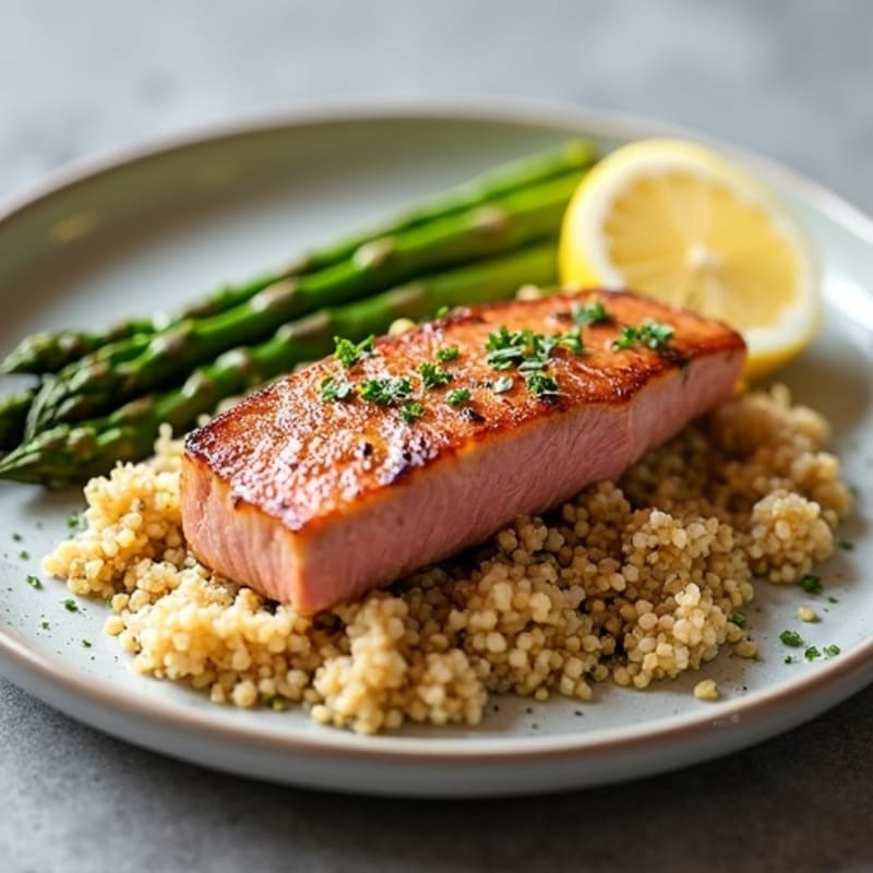 Seared Tuna Steak with Roasted Asparagus and Quinoa