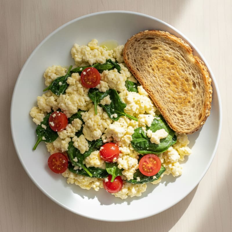 Cottage Cheese Egg Scramble with Spinach and Tomatoes