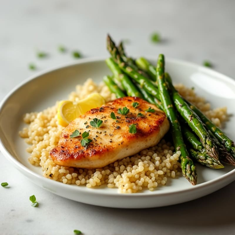 Lemon Garlic Pan Seared Chicken with Roasted Asparagus and Quinoa
