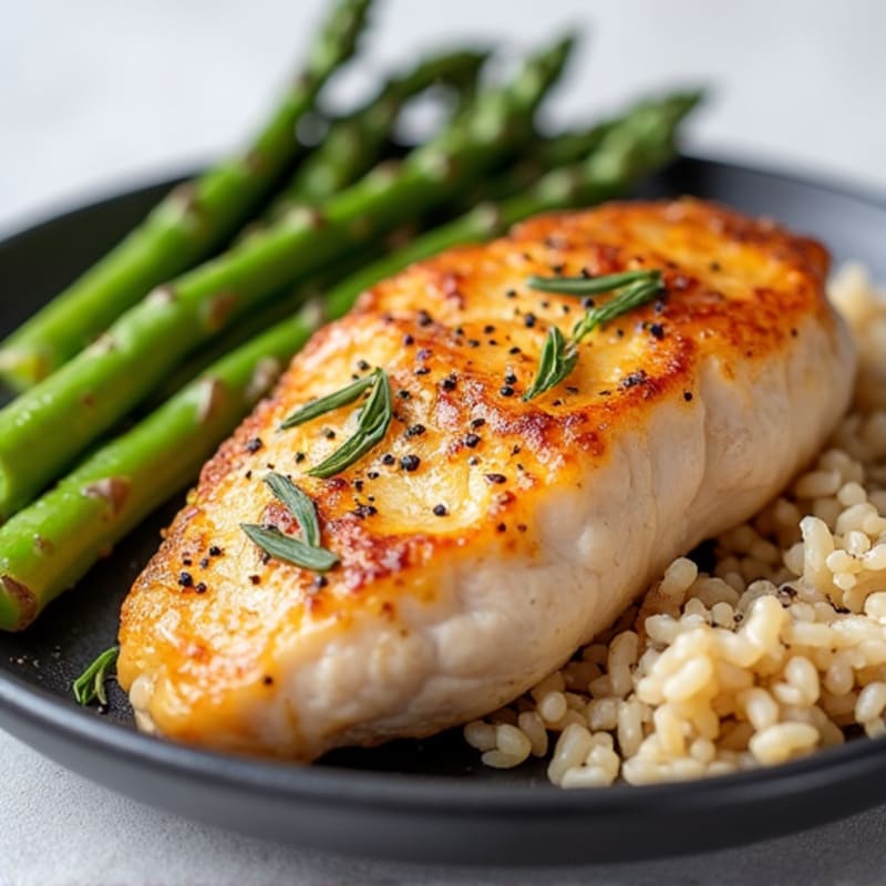 Seared Chicken Breast with Roasted Asparagus and Brown Rice