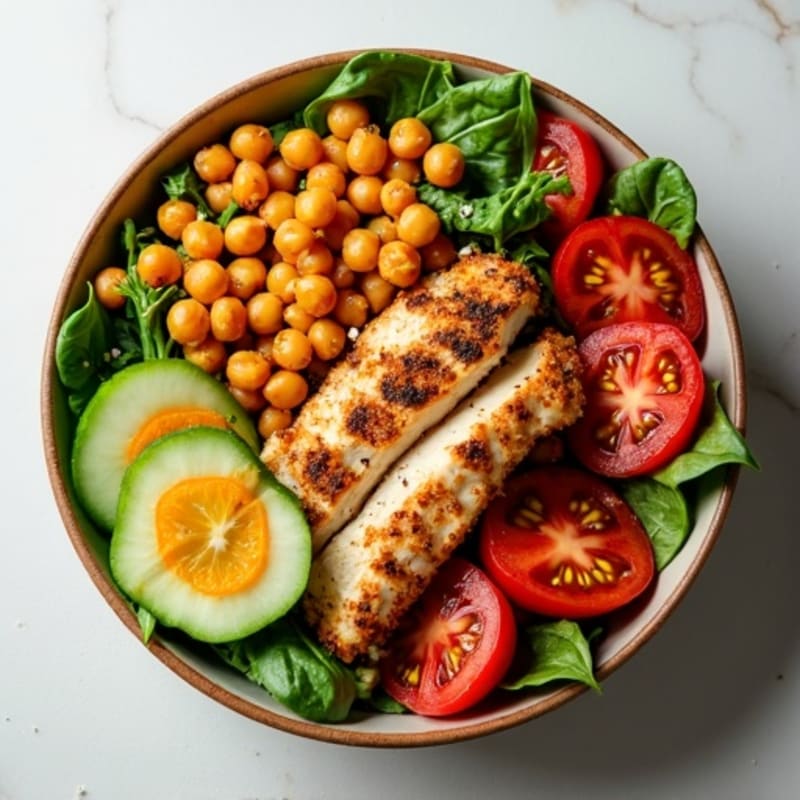Harissa Chicken and Crispy Chickpea Bowl with Silky Tahini Drizzle