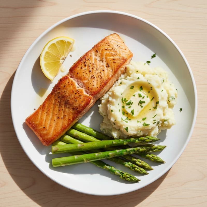 Seared Salmon with Steamed Asparagus and Garlic Mashed Potatoes