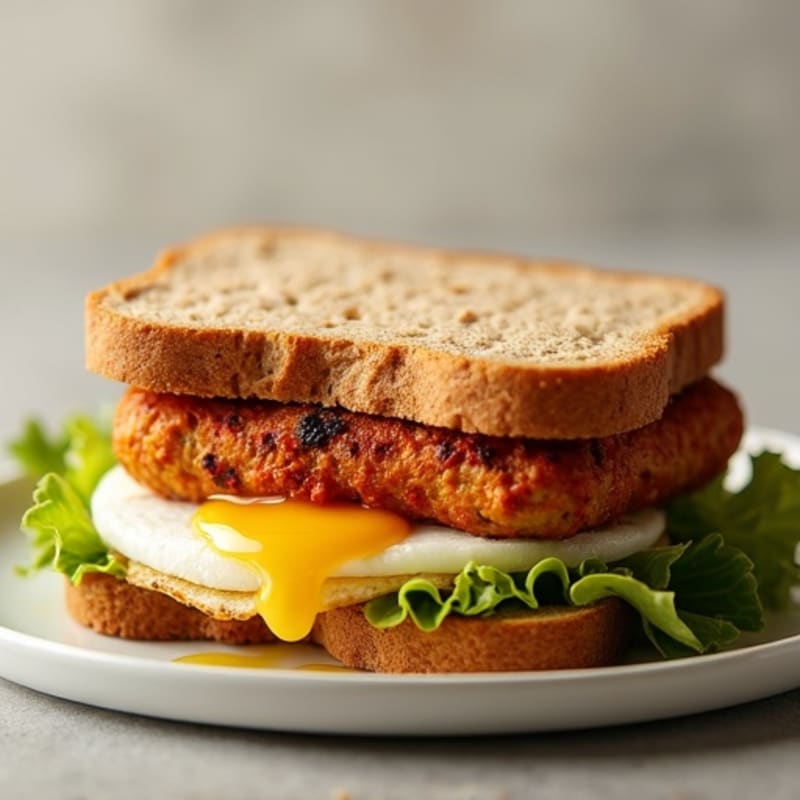 Crispy Chicken Sausage and Egg Sandwich on Whole Wheat Bread
