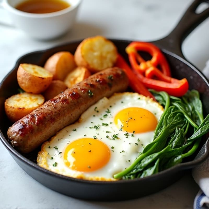 Savory Egg and Lean Sausage Skillet with Crispy Roasted Potatoes and Fresh Vegetables