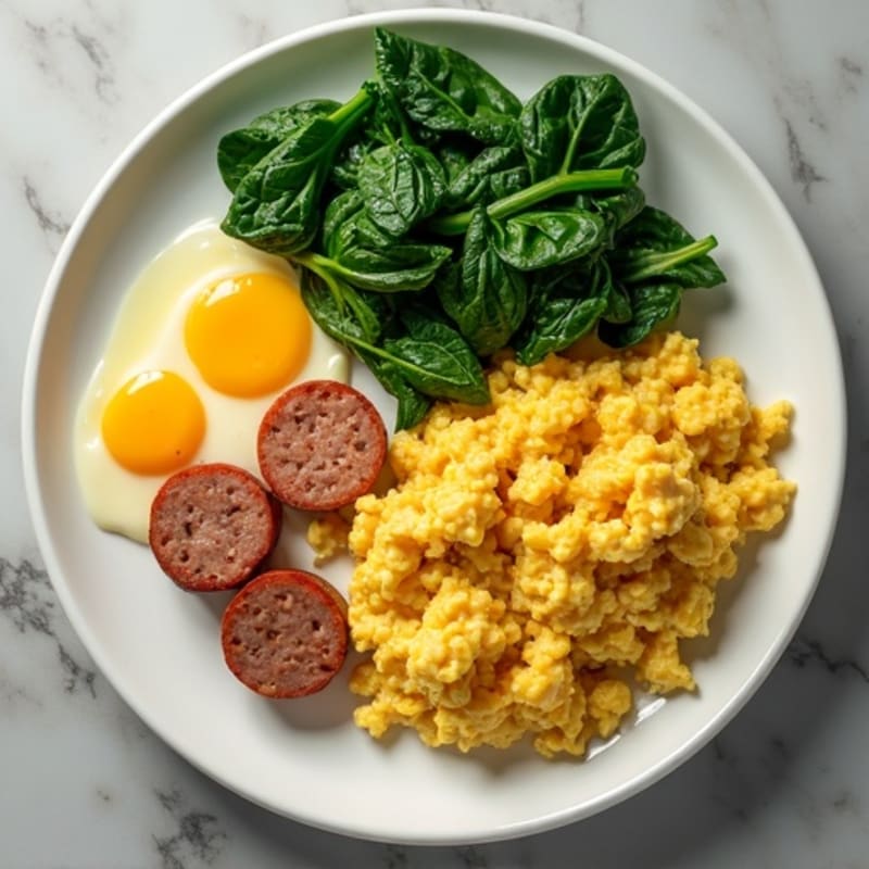 Creamy Scrambled Eggs with Turkey Sausage and Sautéed Spinach