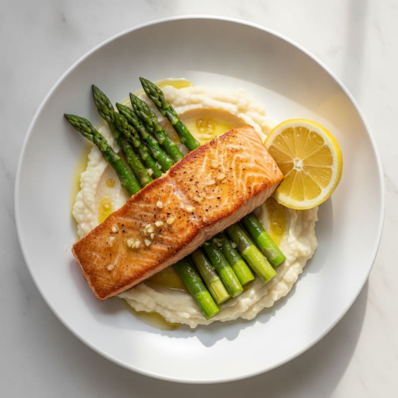 Seared Salmon Fillet with Steamed Asparagus and Cauliflower Mash